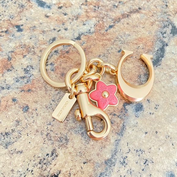Coach Accessories - Coach Gold Pink Flower C Logo Key Ring Bag Charm